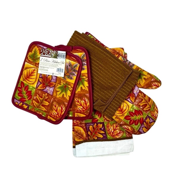 Kitchen Linen Set Vibrant Rustic Autumn Leafs Print 7 Piece set Brown Burgundy - Picture 1 of 12
